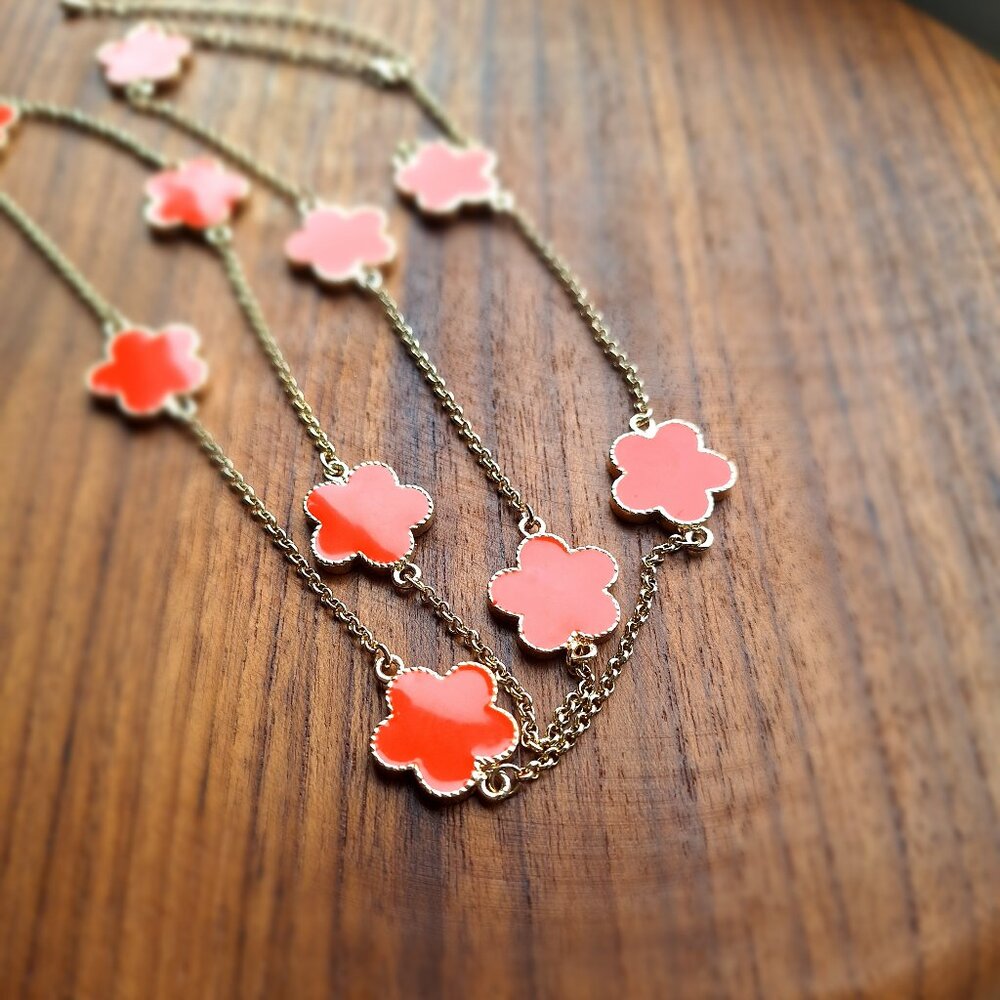 Orange enamel clover flower necklace